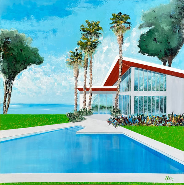 J'ai imaginé cette scène comme une parenthèse de lumière. Entre architecture contemporaine, palmiers élancés et ciel infini, je compose un univers où le temps ralentit et où l'horizon invite à l'évasion. Une ode à la douceur de vivre et à la liberté.