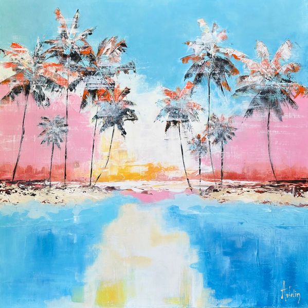 Sous un ciel aux nuances de rose et d'azur, les palmiers s'élancent comme les gardiens d'un rivage imaginaire. L'eau devient miroir, la lumière efface les contours et le paysage glisse doucement vers l'abstraction.
Dans cette œuvre, FloArt ne peint pas un lieu précis, mais un souvenir universel : celui d'un instant où le temps ralentit, où l'horizon invite à la contemplation et où la couleur devient une émotion.