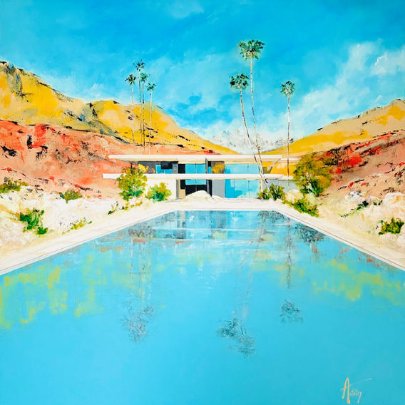 Avec cette œuvre, j'ai cherché à capturer cet instant rare où la lumière transforme le paysage en une expérience presque méditative. L'eau devient miroir, le ciel semble s'y prolonger, et l'architecture s'inscrit naturellement dans la douceur du décor.
J'aime les contrastes entre les lignes épurées de la villa contemporaine et la liberté des reliefs qui l'entourent. Les tons chauds des collines dialoguent avec les bleus profonds de l'eau et du ciel, créant une atmosphère de calme absolu.
Cette toile est pour moi une invitation au voyage intérieur. Un lieu imaginaire où le temps ralentit, où la lumière prend toute sa place et où l'on retrouve cette sensation précieuse de liberté et d'espace infini.