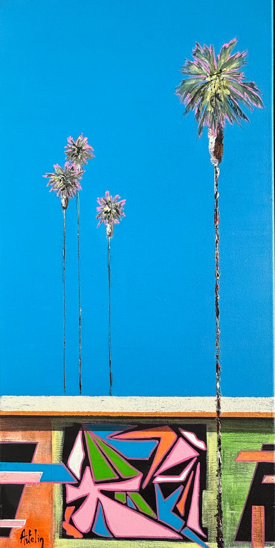 Entre abstraction graphique et paysage urbain imaginaire, cette œuvre évoque l'atmosphère lumineuse de la côte californienne. Les palmiers élancés veillent sur une fresque colorée où formes et couleurs dialoguent dans une harmonie joyeuse et contemporaine.