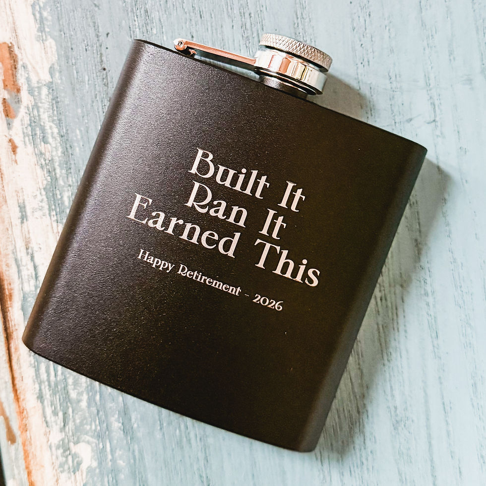 Personalized laser-engraved retirement flask with custom message