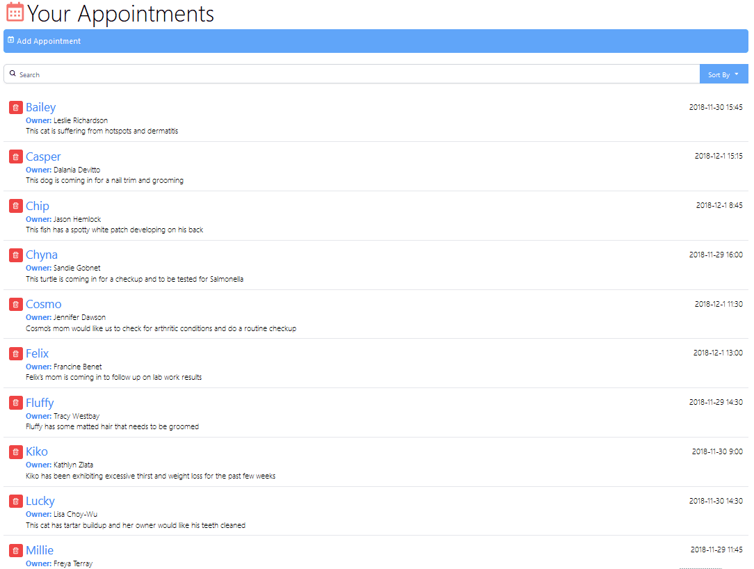 A React App for managing Vet Appointments. It lists all the current appointments (Owner name, dog name, appointment date and notes). You can also add a new appointment using a form, and delete appointments. Lastly, you can sort and filter appointments.