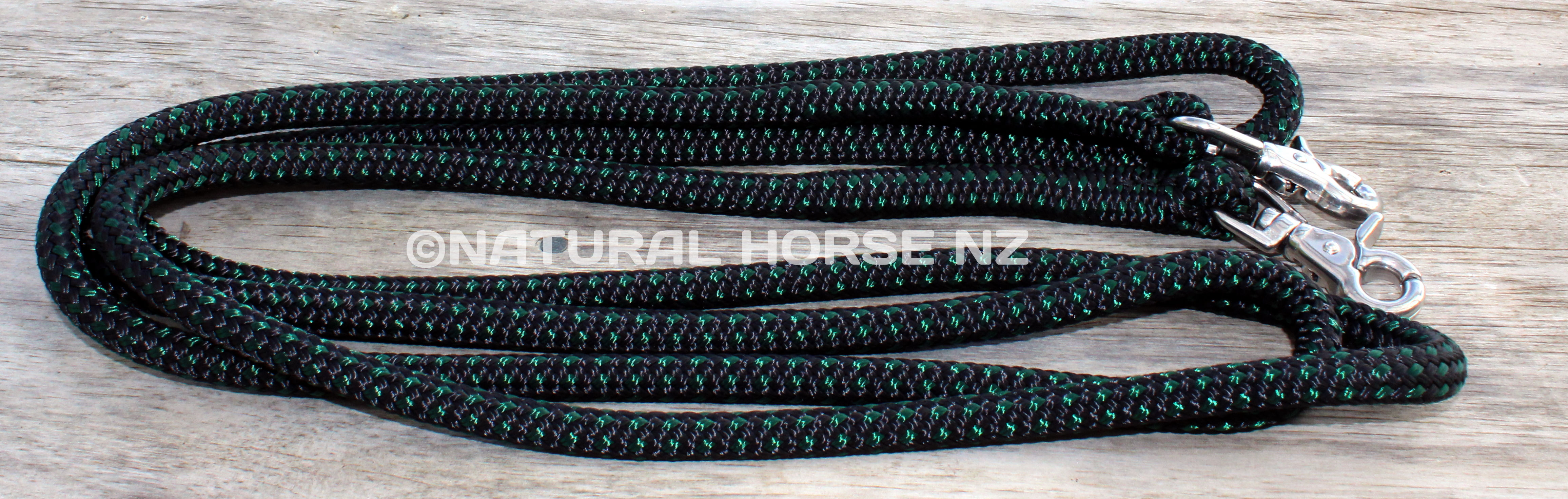Ready Made 9.5ft Large Hack Size MW Horse Riding Rope Reins-Dark Green and Weave