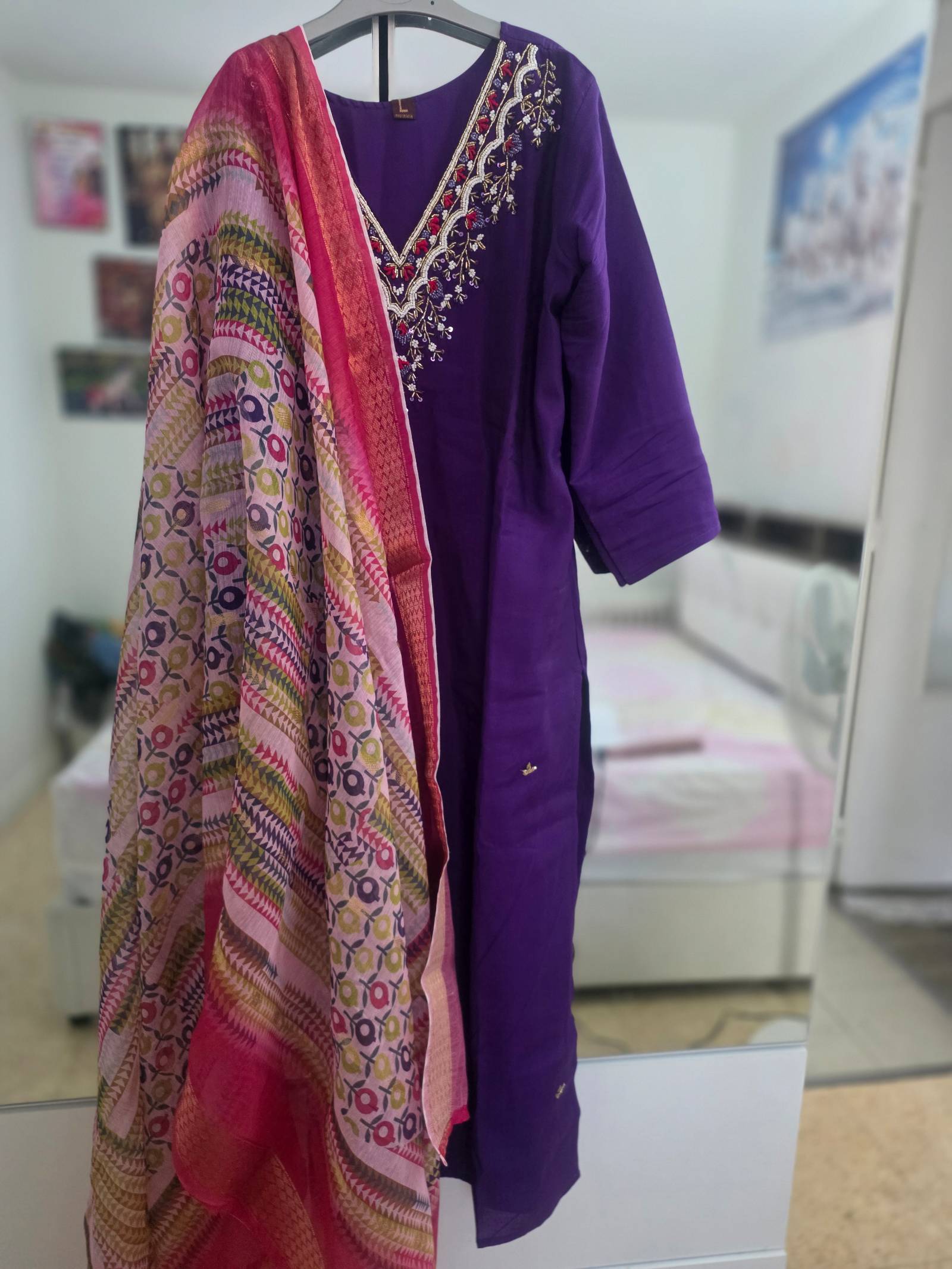Embroidered Purple Kurti with Dupatta Set