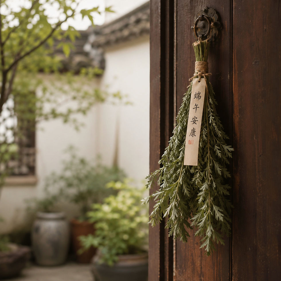 Mugwort Bundles of fresh mugwort hung at a doorway during Dragon Boat Festival, a traditional Chinese practice to invite good health and ward off insects.