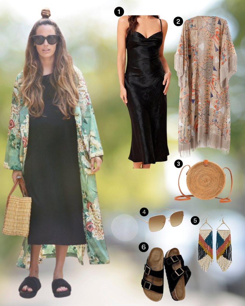 A woman wearing a black slip dress with a colorful floral kimono, holding a woven bag while standing outdoors, showcasing a stylish and relaxed summer look.