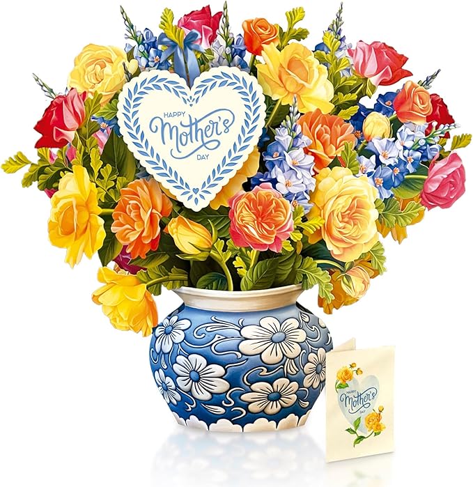 A vibrant paper bouquet featuring various colorful flowers in a decorative blue vase, accompanied by a 'Happy Mother's Day' heart and a greeting card.