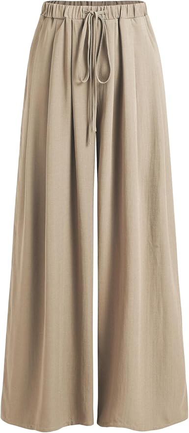 Lightweight beige wide-leg pants with an elastic waistband and tie detail, suitable for summer styling.