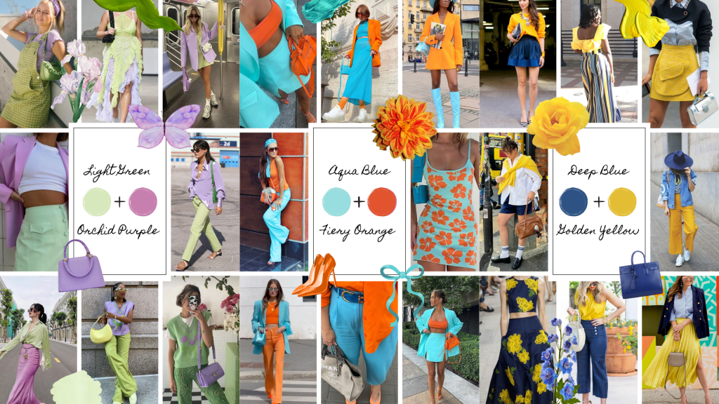 A vibrant collage showcasing five summer color combinations featuring outfits and accessories in light green with orchid purple, aqua blue with fiery orange, deep blue with golden yellow, and more, set against a playful, colorful backdrop.