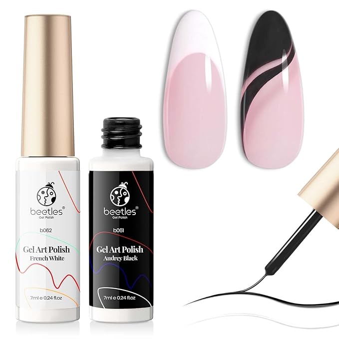 Image of Beetles gel nail polish bottles in French White and Audrey Black, alongside nail tips featuring pink and black abstract designs.