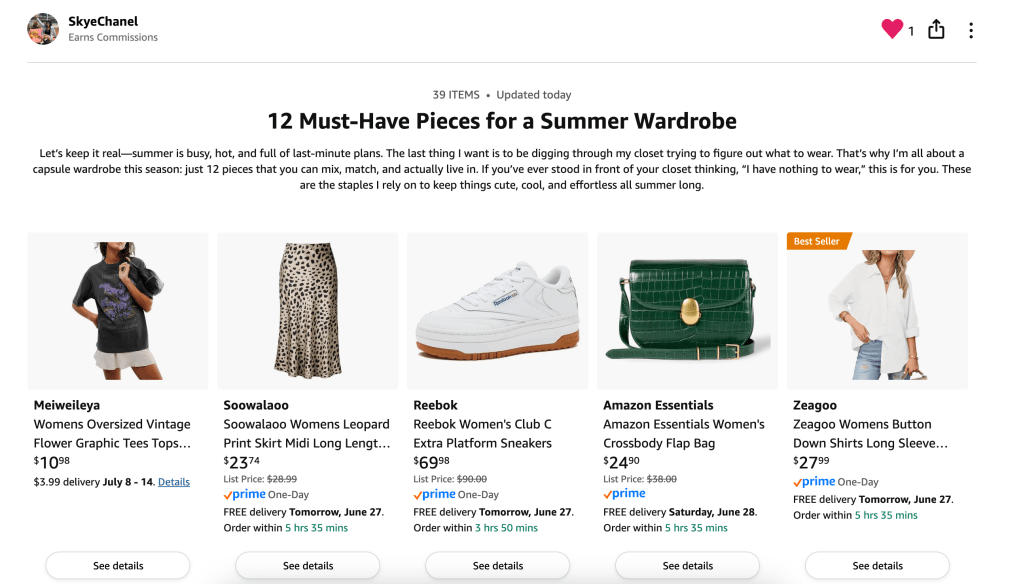 A screenshot of a amazon shop page titled '12 Must-Have Pieces for a Summer Wardrobe', displayed on a shopping platform, featuring various clothing items and accessories along with their prices.