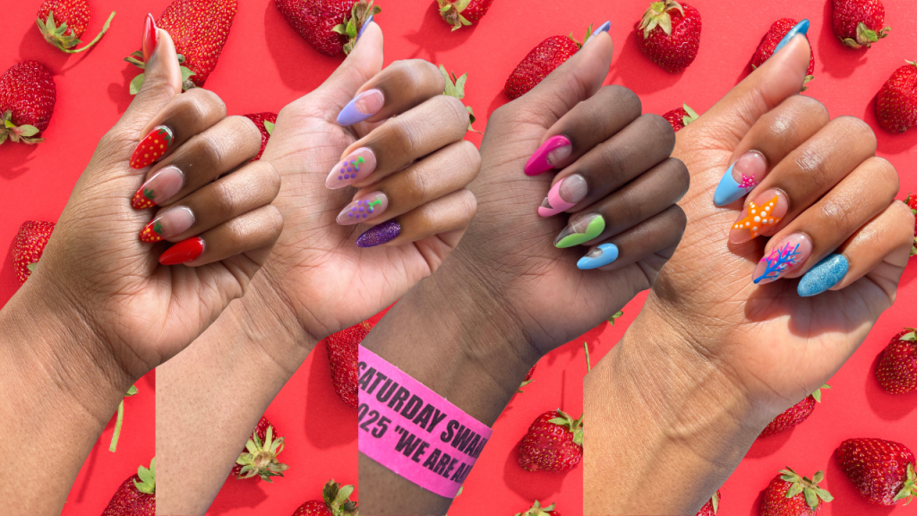 A vibrant display of nail art on multiple hands, featuring colorful designs including strawberries, abstract art, and ocean-themed patterns, set against a backdrop of fresh strawberries.