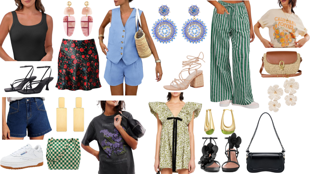 A collage featuring summer fashion staples including a ribbed tank top, floral skirt, lightweight vest, denim shorts, sandals, statement jewelry, and various bags, showcasing a vibrant mix of styles and colors.