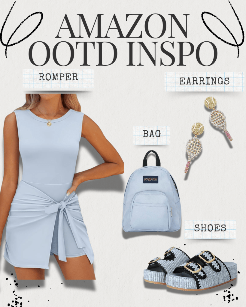 A stylish light blue romper with a tied waist, accompanied by accessories including a light blue backpack, playful earrings, and trendy shoes.