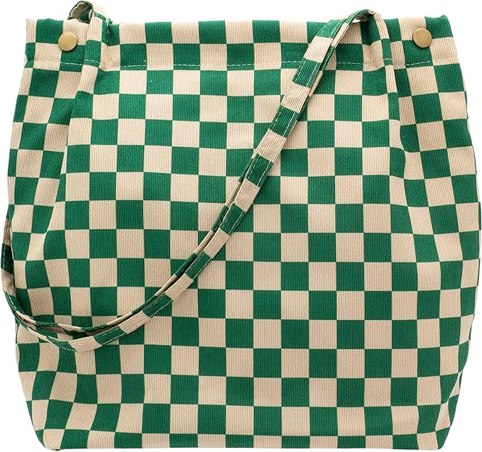 A green and cream checkered tote bag with a shoulder strap.