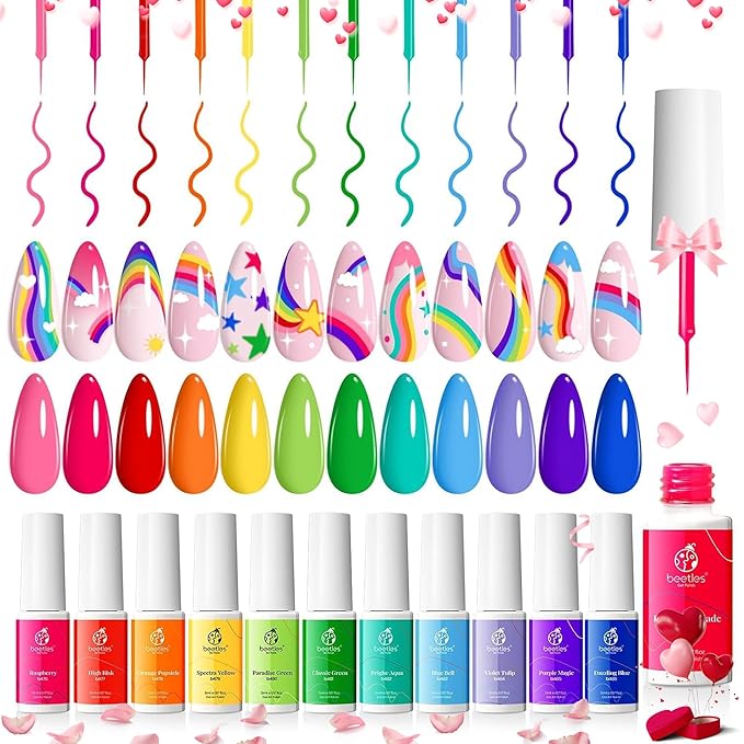 An assortment of colorful nail art supplies including various shades of nail polish, nail art brushes, and decorated nail tips with rainbow and star designs.