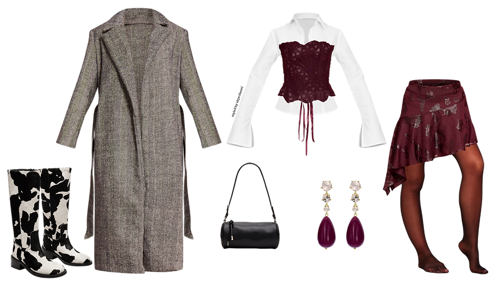 Fashion collage: Gray coat, cow-print boots, white shirt with maroon corset, maroon skirt, black bag, dangling earrings. Elegant and chic style.