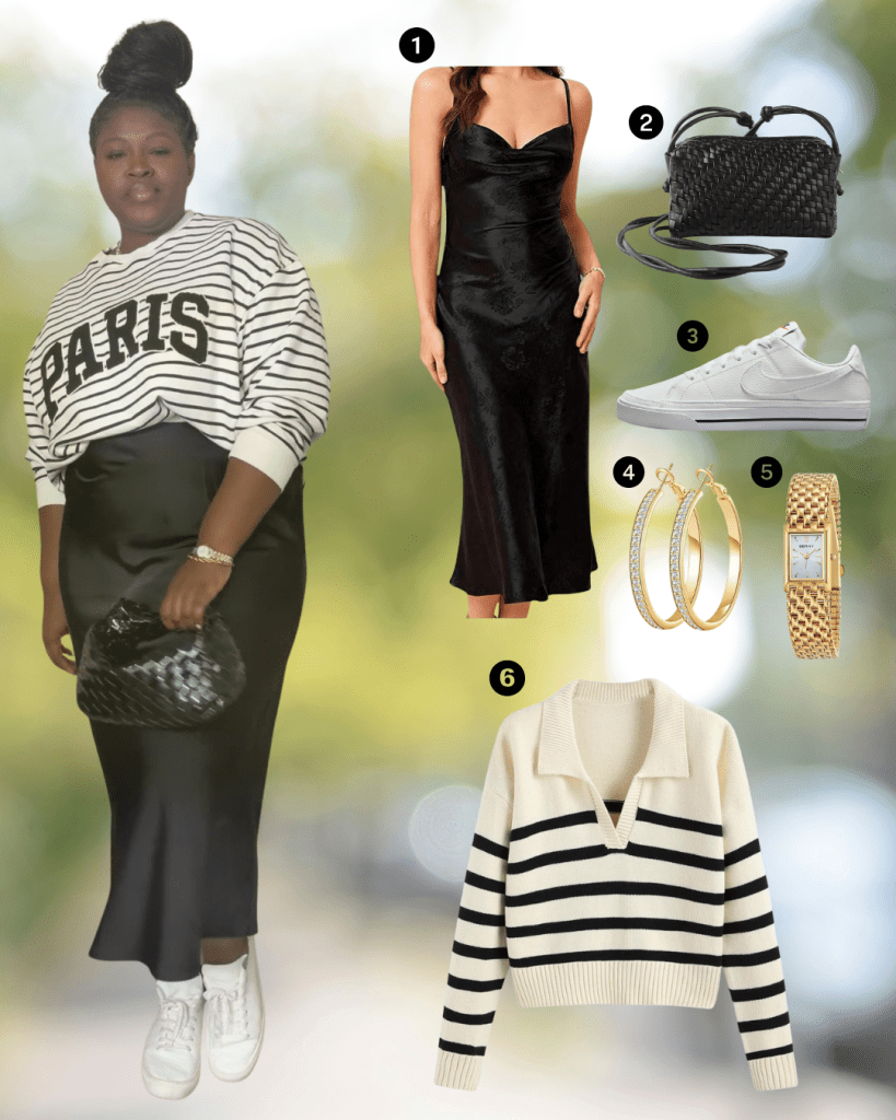 A woman wearing a striped oversized sweatshirt over a black slip dress, paired with white sneakers and a black handbag, set against a blurred outdoor background.