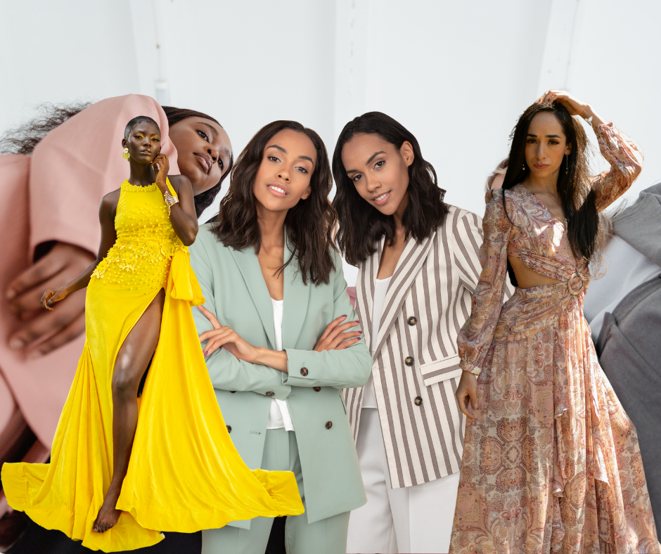 A collage featuring diverse women modeling various stylish outfits, including a bright yellow dress, a light green suit, and patterned dresses, showcasing the essence of fashion and personal style.