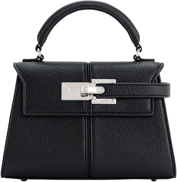 A structured black handbag with a top handle and silver hardware, showcasing a polished and timeless design.
