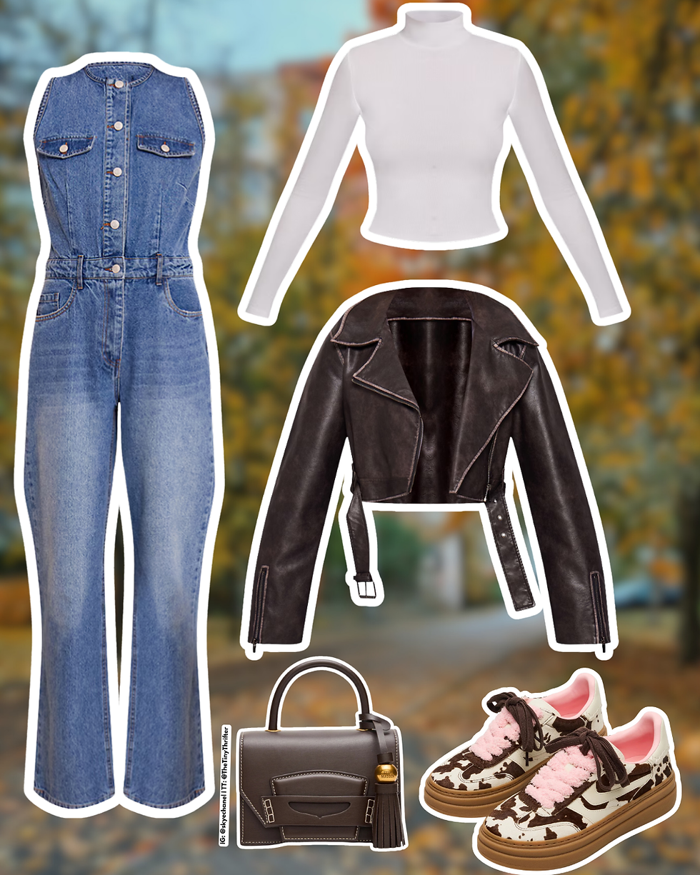 Denim jumpsuit, white turtleneck, black leather jacket, brown handbag, cow-pattern sneakers on a blurred autumn background.