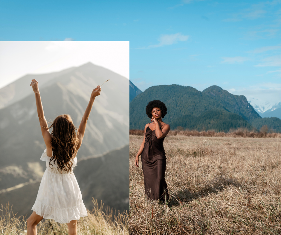 A split-image featuring two women outdoors: on the left, a woman in a white dress joyfully raises her arms against a mountain backdrop; on the right, a woman in a brown dress stands confidently in a field with mountains in the background.
