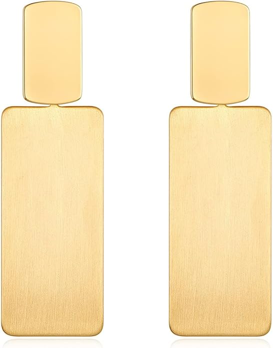 A pair of gold statement earrings featuring a rectangular design with a brushed finish.
