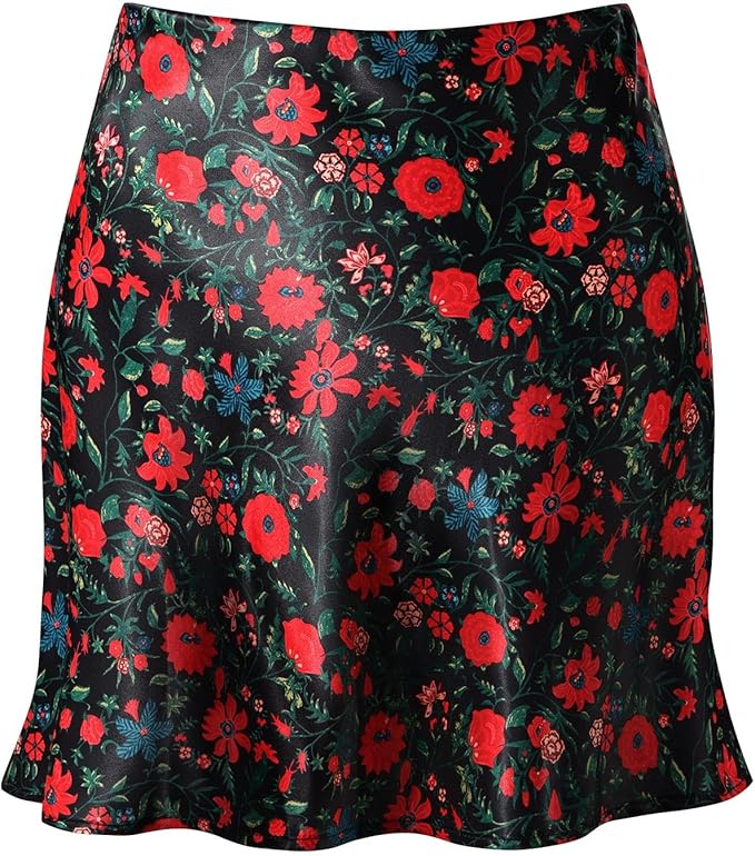 A flowy black skirt featuring a vibrant floral pattern with red and blue flowers, perfect for summer styling.