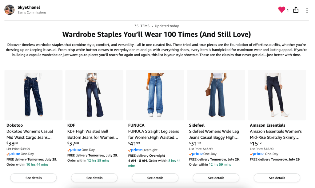 A selection of wardrobe staples including different styles of jeans and tops featured on a shopping website.