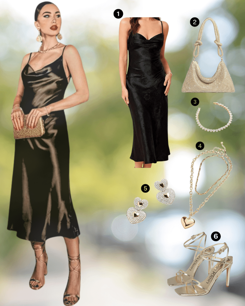 A woman in a sleek black slip dress styled for a night out, wearing strappy heels and holding a glittery clutch. Accessories include bold earrings and layered necklaces, set against a blurred outdoor background.