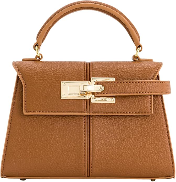 A structured medium-sized handbag in a warm brown color with gold hardware and a top handle.