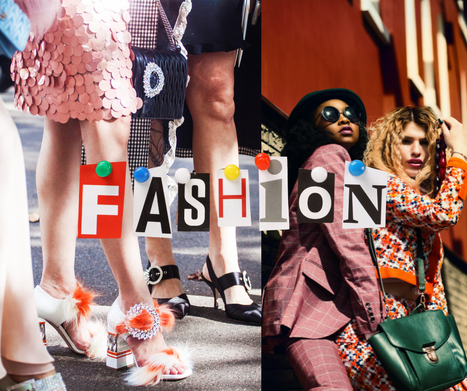 A collage showcasing diverse fashion styles, featuring stylish heels and a group of fashionable individuals posing confidently in vibrant outfits.