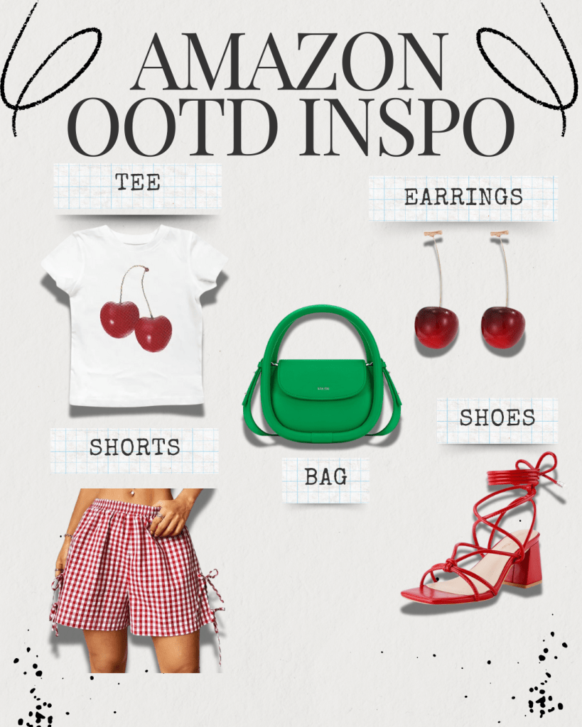 A collage of fashion items for an outfit inspired by Amazon, featuring a white cherry graphic tee, red gingham shorts, a green handbag, red cherry earrings, and red strappy heels.