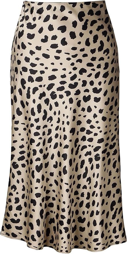A tan printed skirt with a black leopard pattern, featuring a flowy silhouette suitable for casual and dressy occasions.