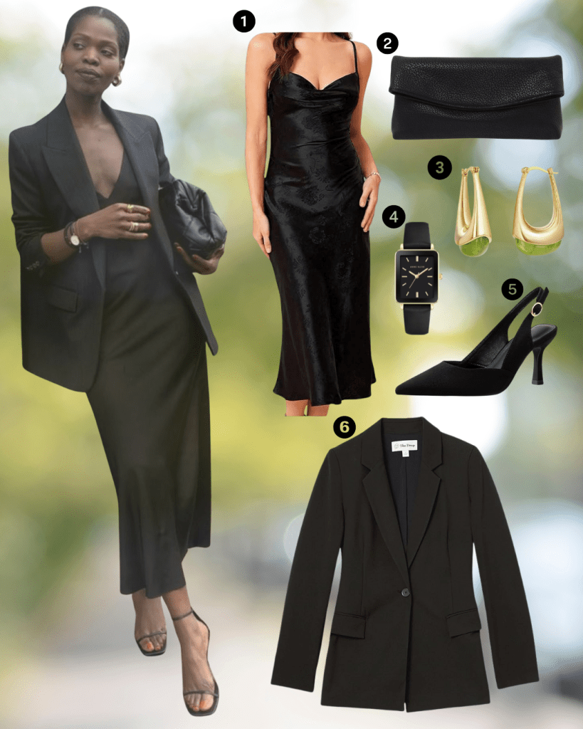 A stylish woman wearing a black blazer over a black slip dress, posing outdoors, with accessories including a black clutch, gold earrings, a watch, and black heels.