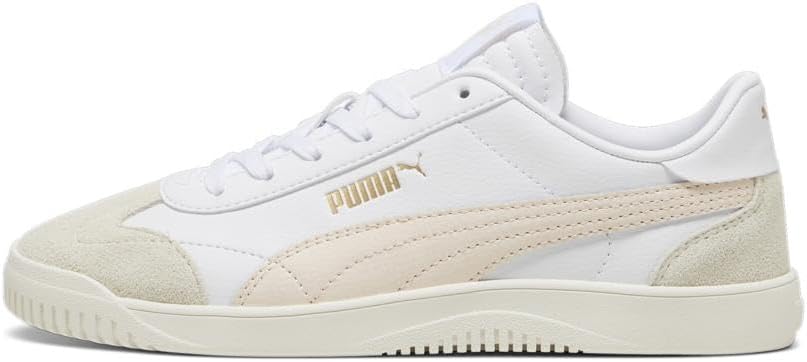 A stylish pair of white sneakers featuring a beige stripe, designed for comfort and versatility.