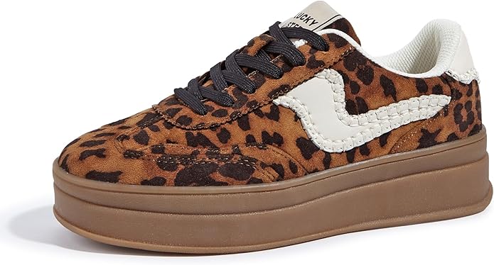 A pair of chunky sneakers featuring a leopard print design, with a brown base and white detailing.