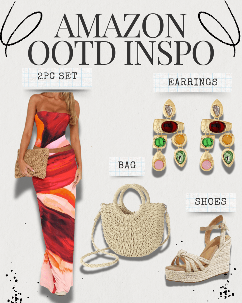 A colorful two-piece outfit featuring a strapless dress with abstract patterns in shades of red and pink, paired with a woven bag, vibrant earrings, and wedge shoes.