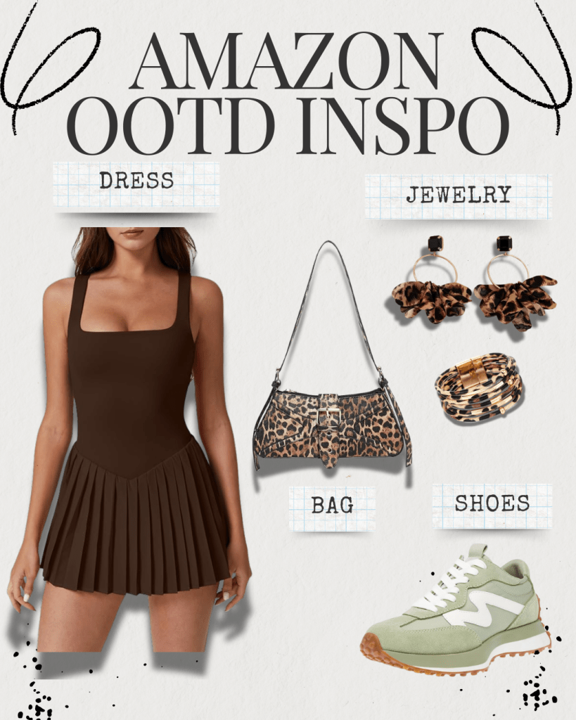A stylish outfit inspiration featuring a brown pleated dress, leopard print handbag, animal print jewelry, and green athletic shoes, all displayed with labels for 'DRESS', 'JEWELRY', 'BAG', and 'SHOES'.
