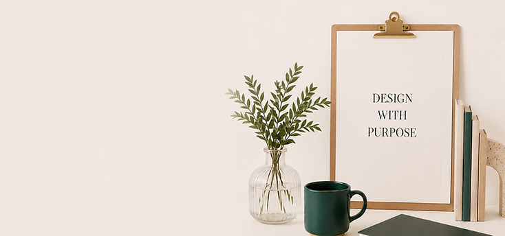 Clipboard with "DESIGN WITH PURPOSE", plant, and mug