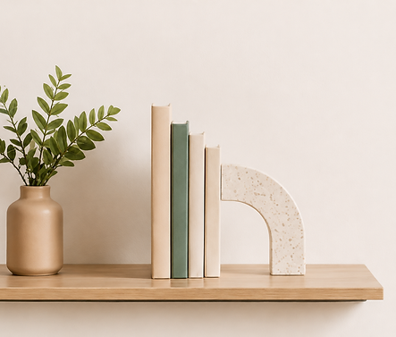 Image of Books on a shelf with an arch bookend and a plant