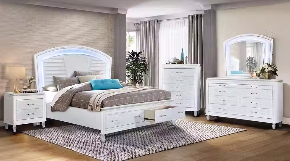 White bedroom set with LED headboard