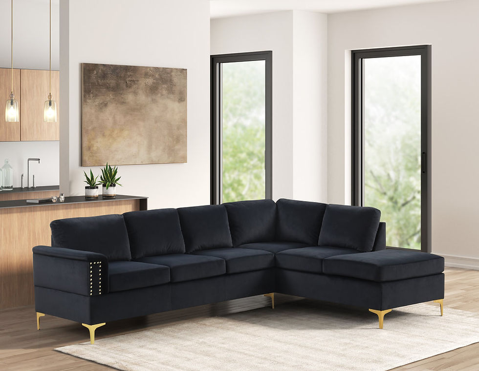 Thumbnail: Navy blue velvet L-shaped sectional sofa