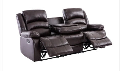 Brown leather reclining sofa with console