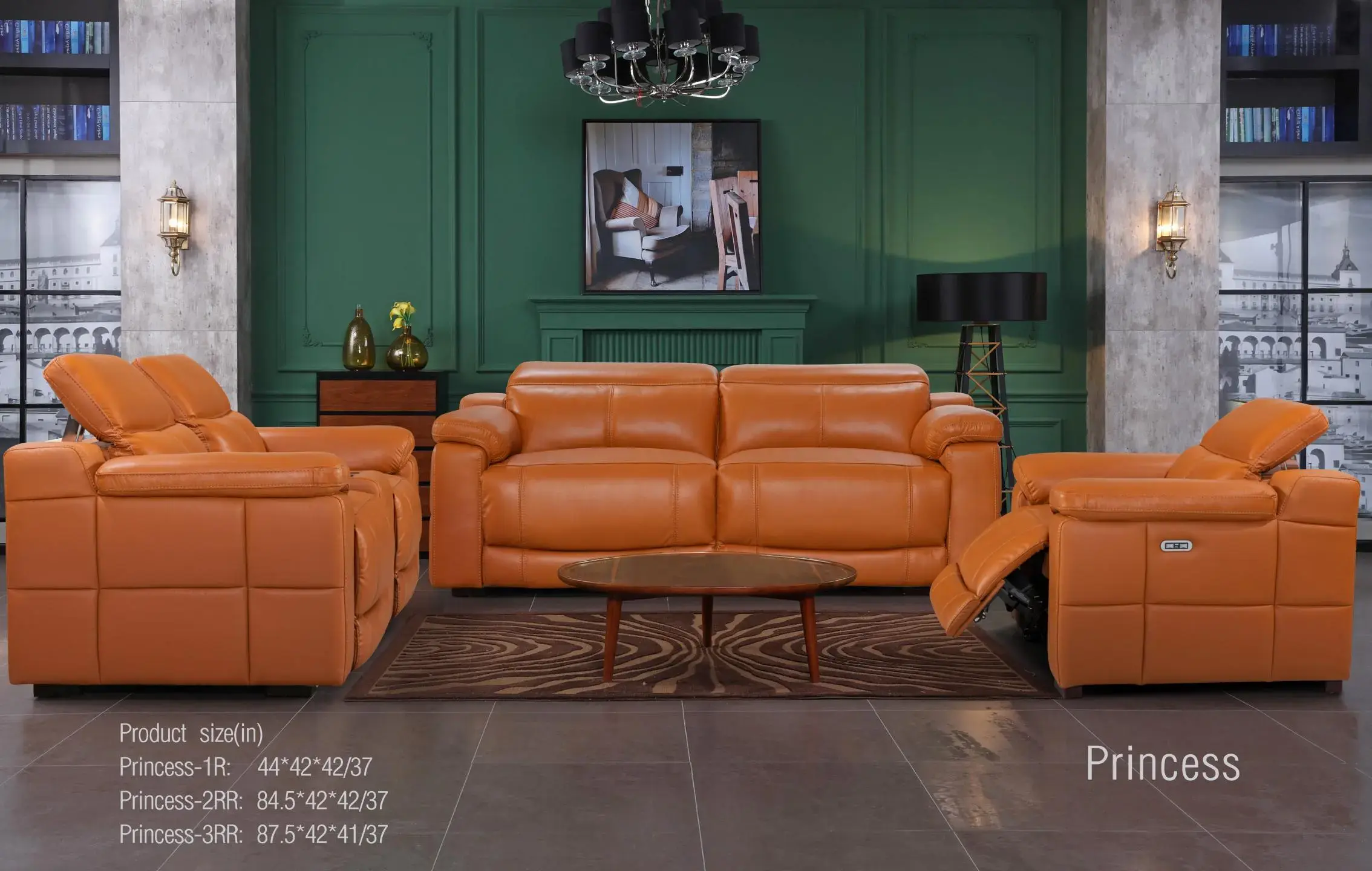 Orange leather reclining sofa set