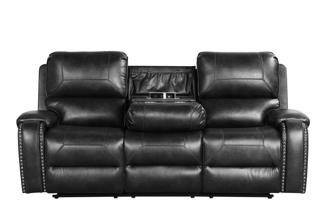 Black leather reclining sofa with center console
