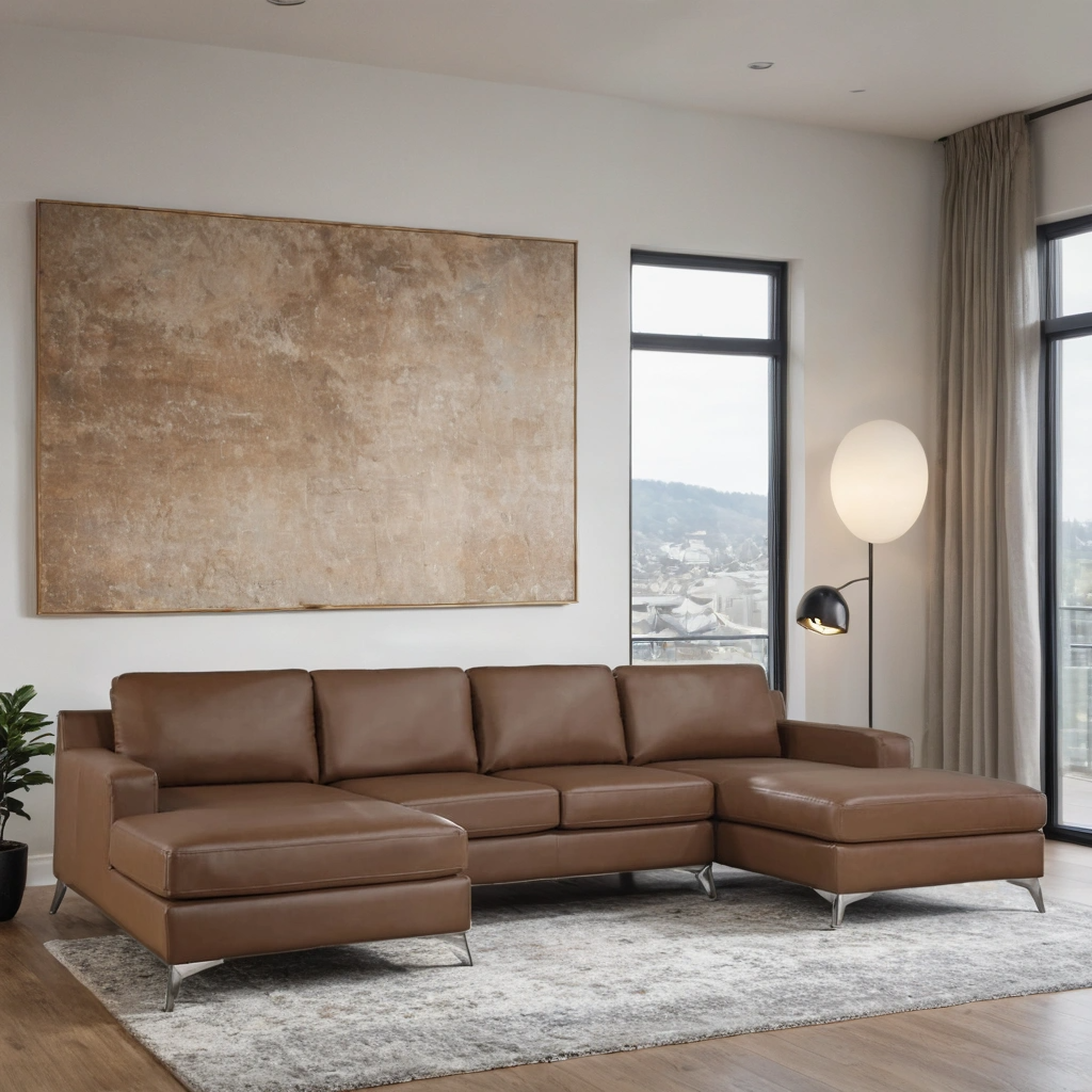 Brown leather sectional sofa in modern living room
