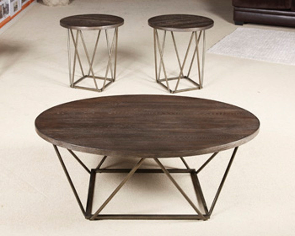 Dark wood coffee table set with geometric metal base