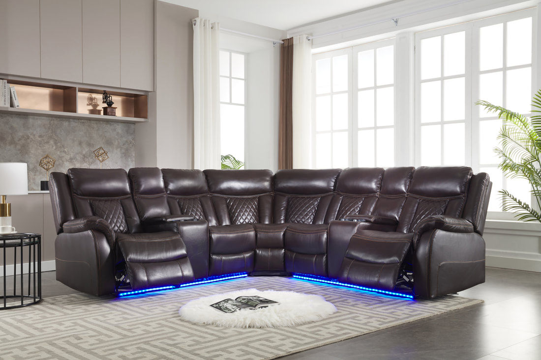 Brown leather sectional sofa with blue LED lights