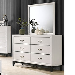 White dresser with mirror, six drawers, and silver handles